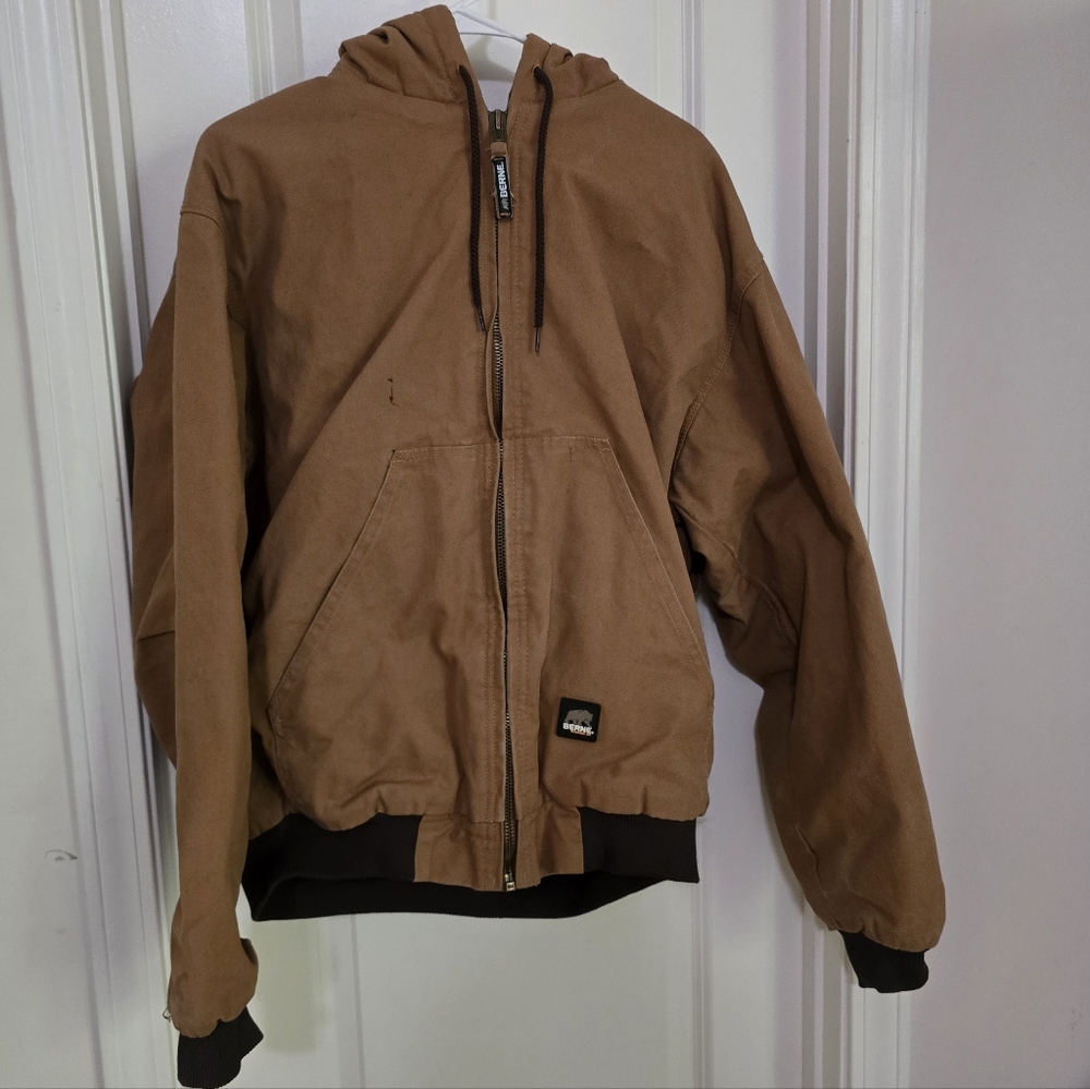 Berne Mens Brown Hooded Work Jacket with Black Trim